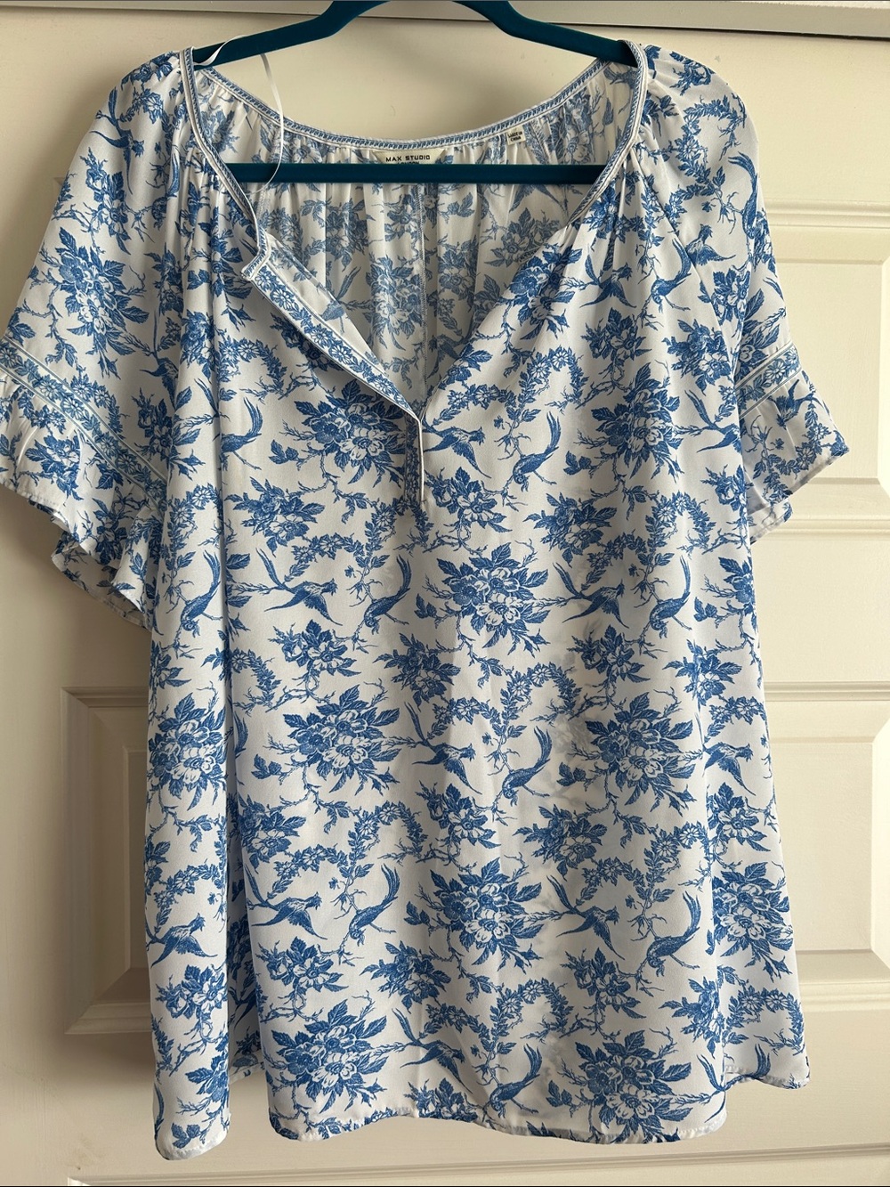 Max Studio White Top with Blue Floral Print